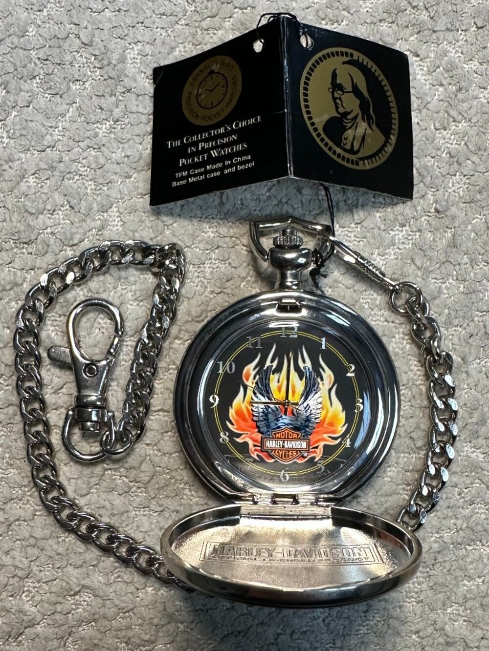New Harley-Davidson Franklin Mint Pocket Watch w/ Chain, New Battery & Free Case